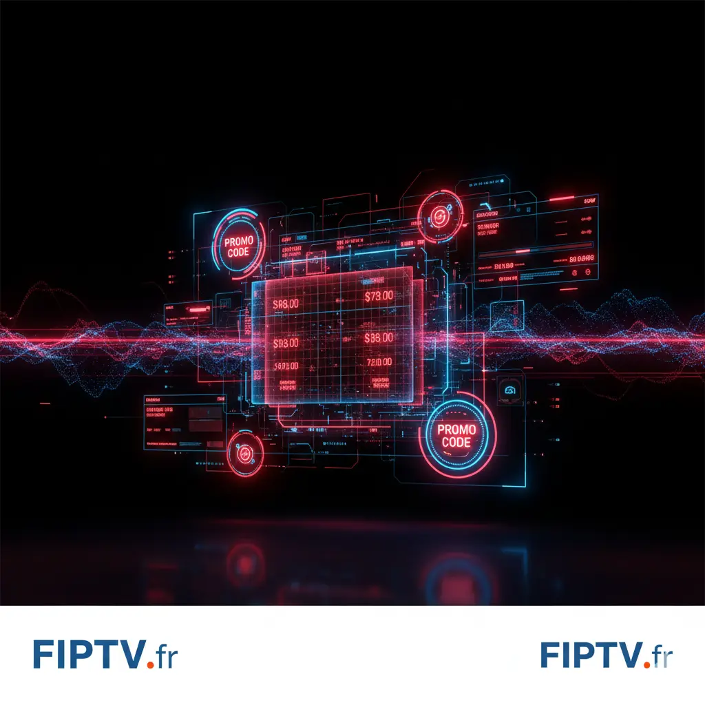 Abonnements IPTV premium 2025 : illustration technologique en rouge, bleu et noir montrant les offres, prix et promotions