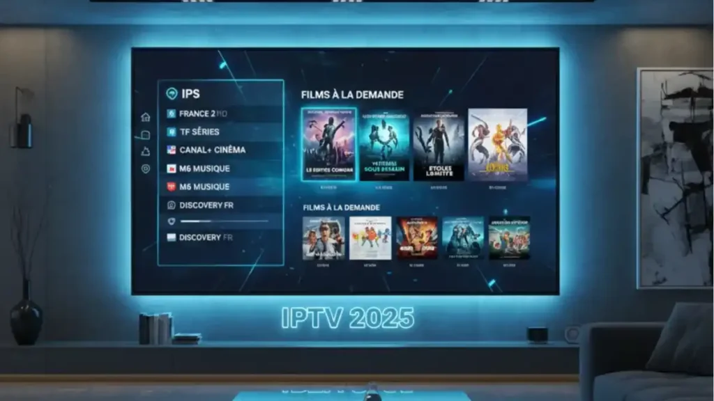 Salon moderne avec télévision affichant une interface IPTV 4K, représentant un guide complet des abonnements IPTV 2025