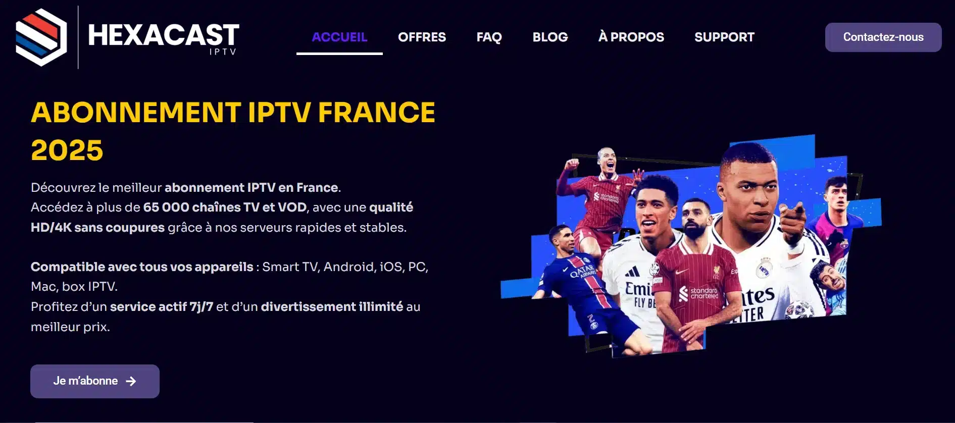HexacastIPTV.com : illustration 2025 de streaming IPTV 4K stable en rouge bleu noir